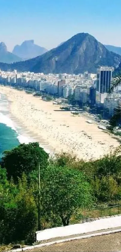 Scenic view of Rio de Janeiro beach with mountains and city skyline.