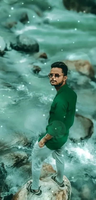 Man in green shirt stands on rocks near a river in nature.