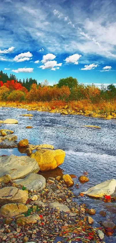 Scenic autumn river under a blue sky.