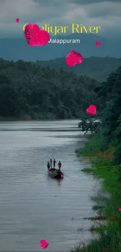 Boat on a peaceful river surrounded by lush green forests with a scenic backdrop.