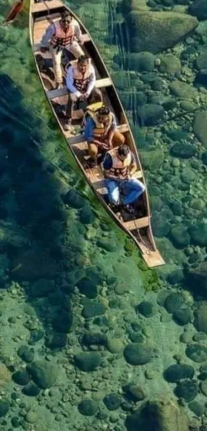 A boat on a crystal clear river, showcasing a peaceful, scenic view.