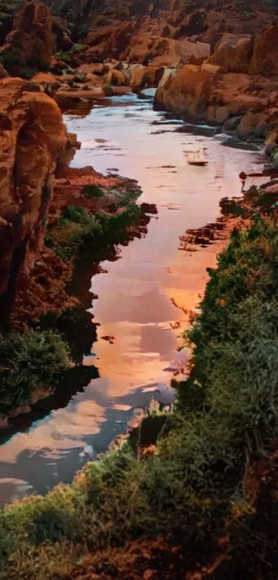 Stunning canyon river at sunset with vibrant brown and orange hues.