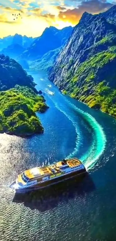 Cruise ship on a scenic river with lush green mountains.