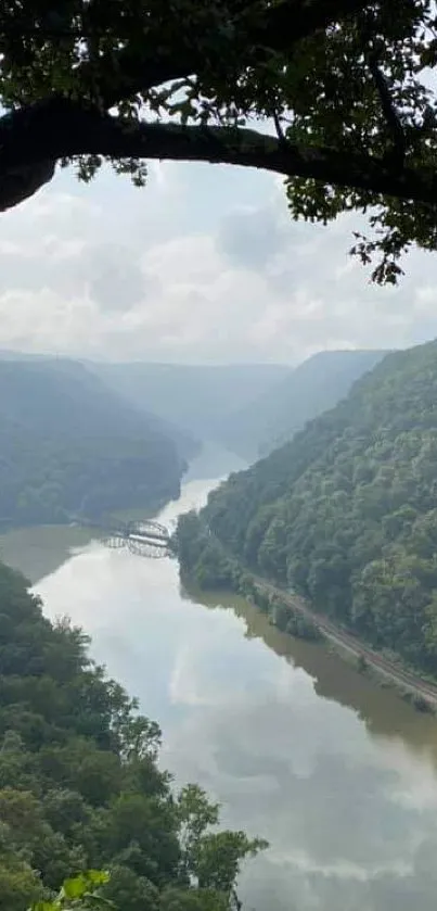 Scenic view of a river and lush green hills under a cloudy sky.