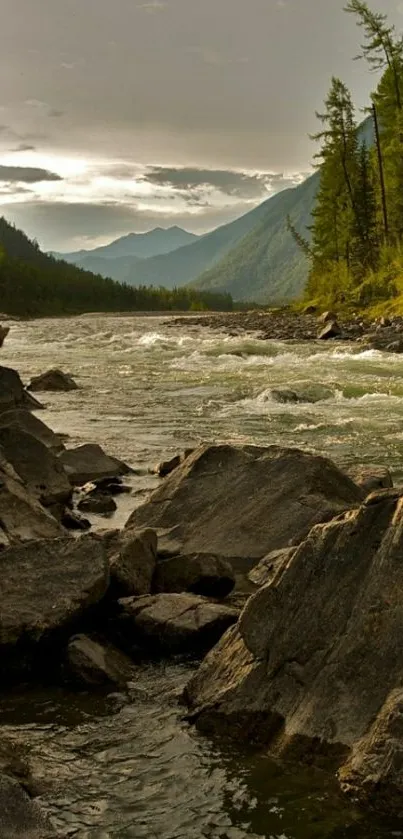 Scenic wallpaper of a river with lush greenery and mountains.