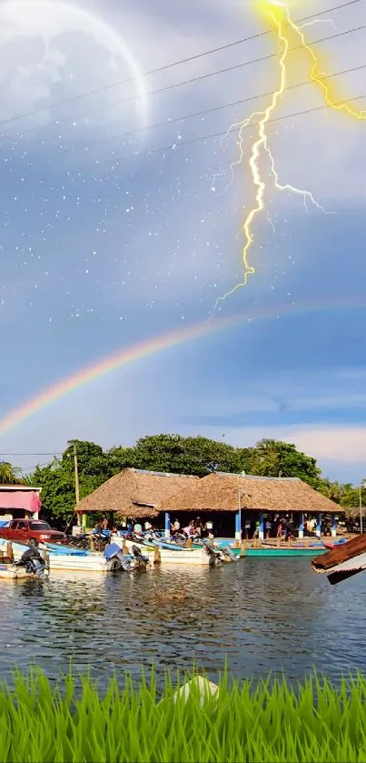 Scenic village by river under vibrant sky with lightning and rainbow.