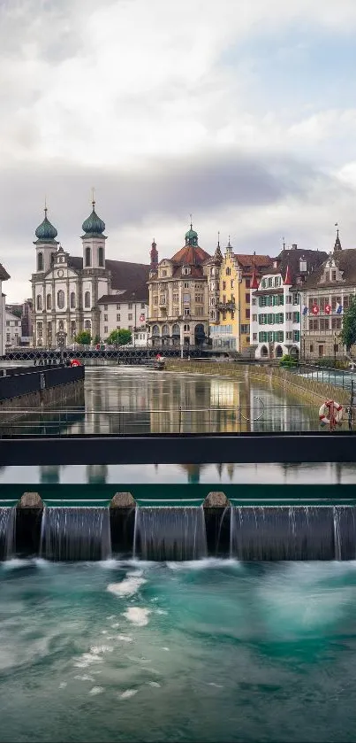 Riverside cityscape with historic buildings and a reflective river.