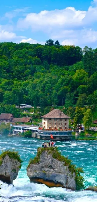 Scenic view of a river with lush green forest and houses in the background.