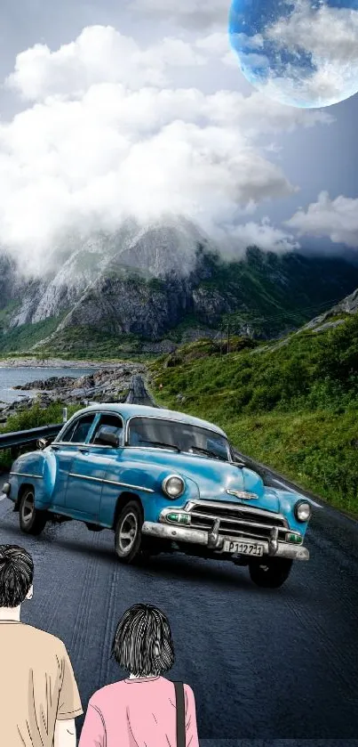 Wallpaper of a vintage car on a mountain road under a full moon.