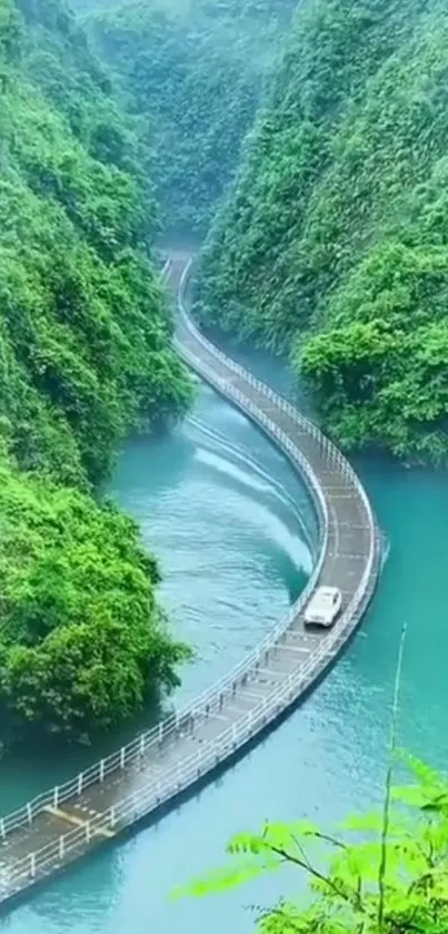 Winding road through lush green forest and turquoise river.