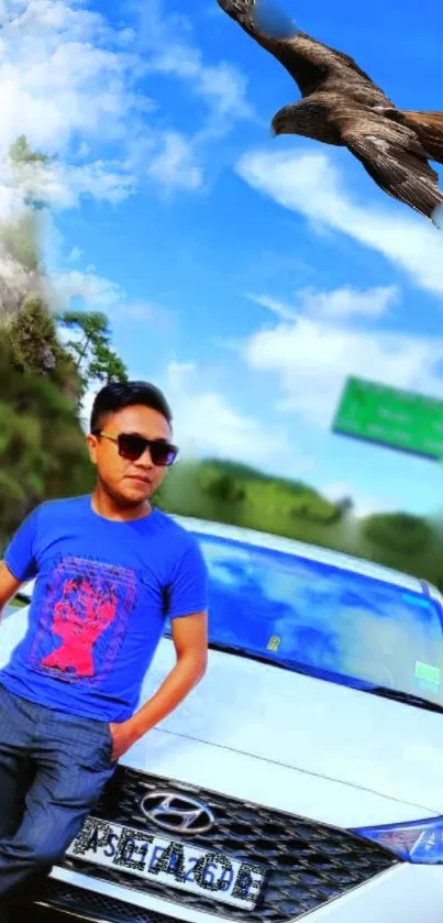 Man with sunglasses leaning on a car with a bird flying overhead.