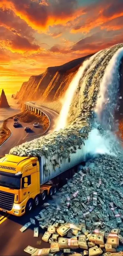 Truck on road with money flowing like a waterfall against a sunset backdrop.