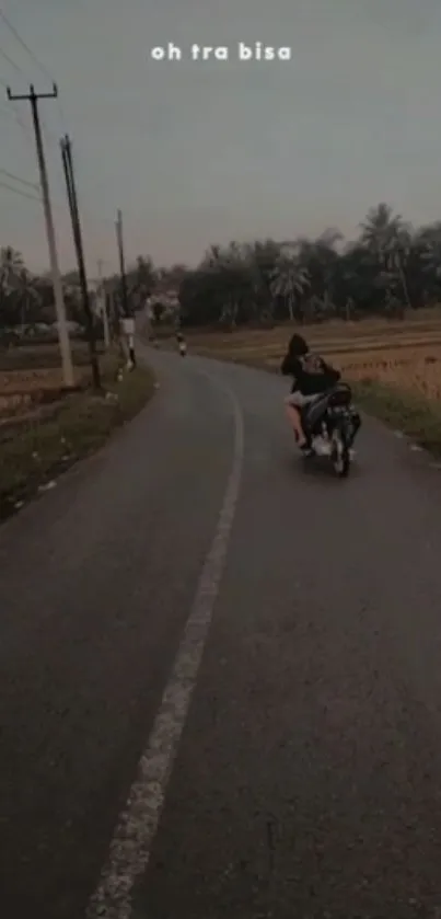 Motorcycle on a scenic road at dusk, with palm trees lining the path.