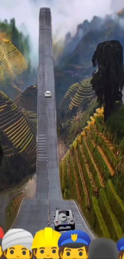 Steep road through lush terraced hills with cars in a scenic landscape.