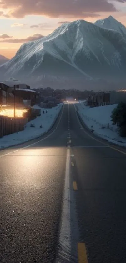 Empty road leading to snowy mountains at sunset.