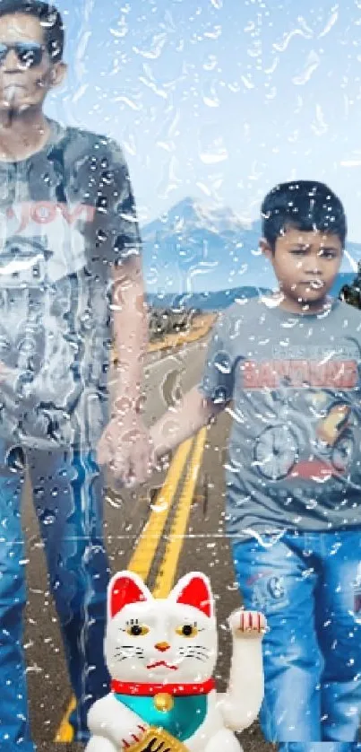 A man and boy hold hands on scenic road with mountain view.