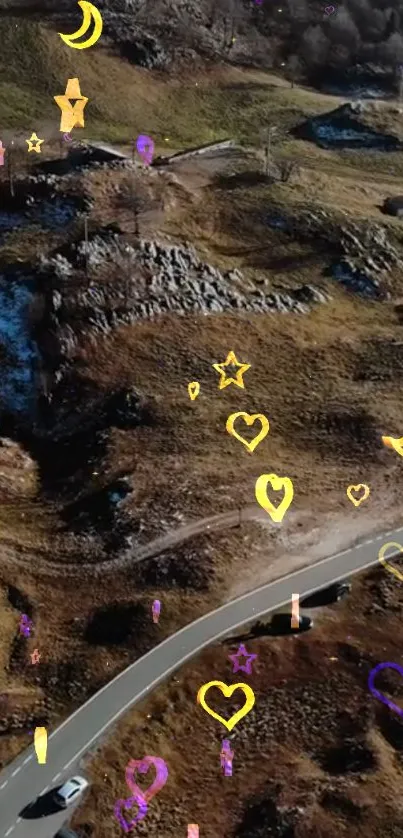 Mountain road with celestial icons and scenic view.