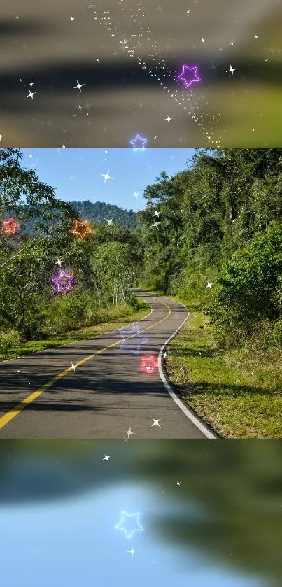 Scenic road through forest with colorful stars overlay.