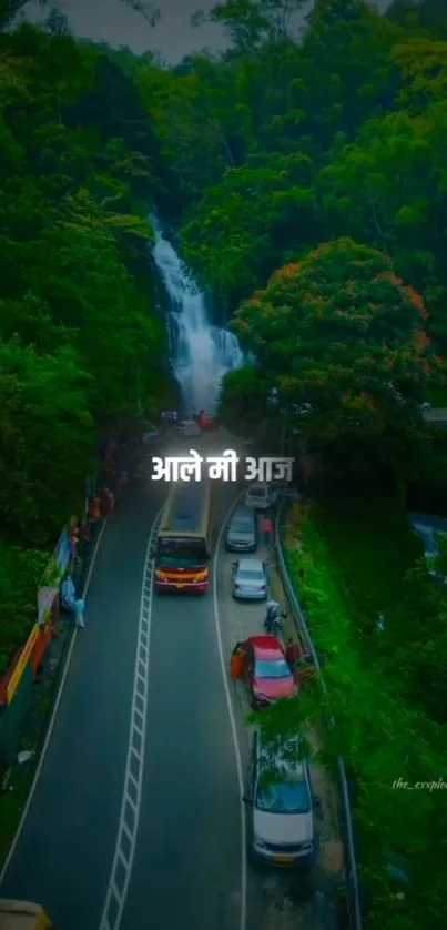 Road with waterfall and green foliage