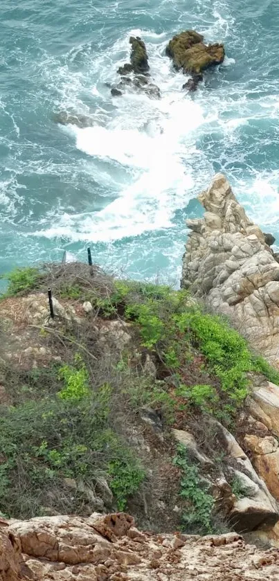 Rocky coast with waves crashing, scenic view.