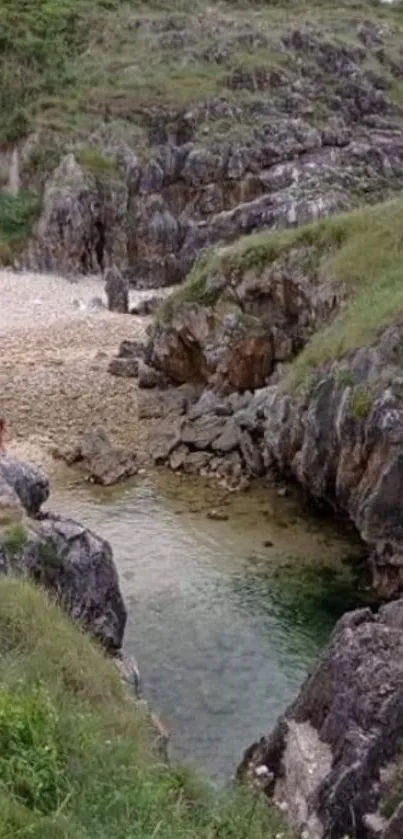 Scenic rocky cove with lush greenery and tranquil waters.