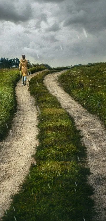 A scenic rural pathway through lush green fields under a dramatic cloudy sky.