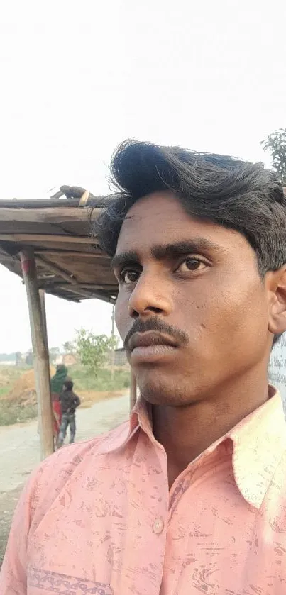 Young man in pink shirt with a rural background.