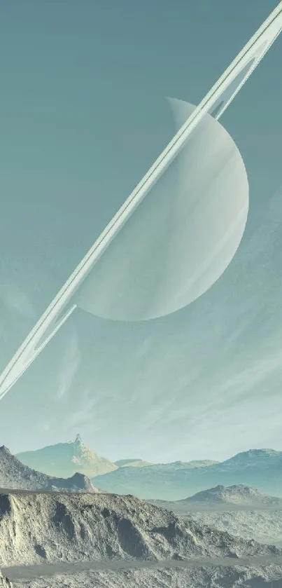 Futuristic landscape with Saturn and its rings over rocky terrain.