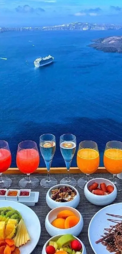 A harmonious ocean view breakfast scene with fruit and drinks.