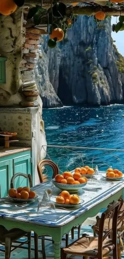 Ocean view breakfast table with oranges and cliffs.