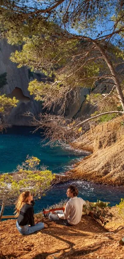 A serene coastal scene with azure waters, cliffs, and a person under trees.