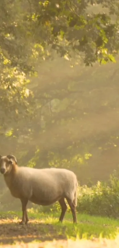 Sheep grazing peacefully in sunlight forest scene.