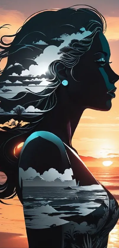 Silhouette of a woman at a serene beach sunset with an artistic blend.