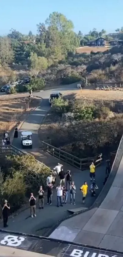 View of a skatepark ramp amid a scenic natural background.