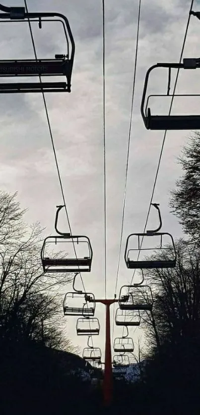 Cable cars in a misty gray sky.