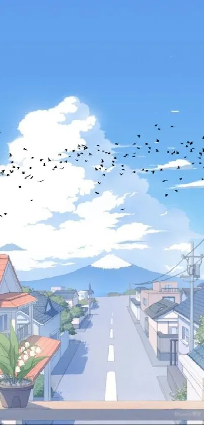 Tranquil street scene with blue sky and birds in flight, ideal for mobile wallpaper.