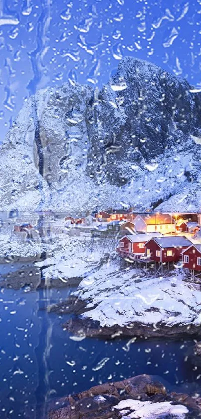 Snowy mountain village at dusk with cozy lit cottages by the water.