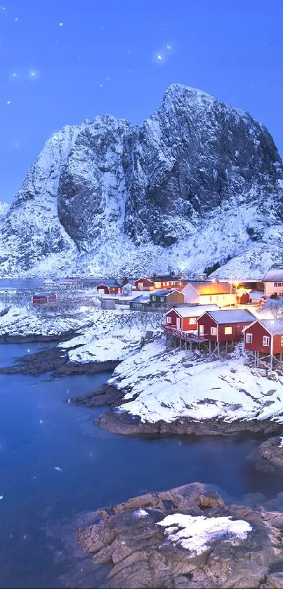 Snow-covered mountain village with starry sky and red cabins.