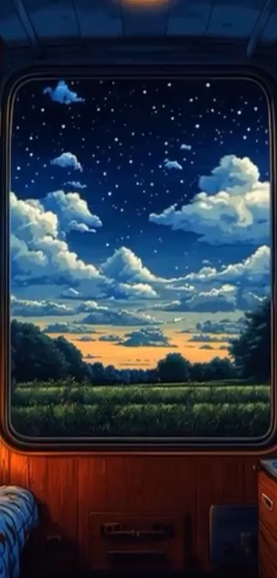 Cozy interior view under a starry night sky through a window.