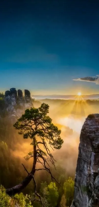 Breathtaking sunrise over a mountain landscape with a lone tree and vibrant colors.