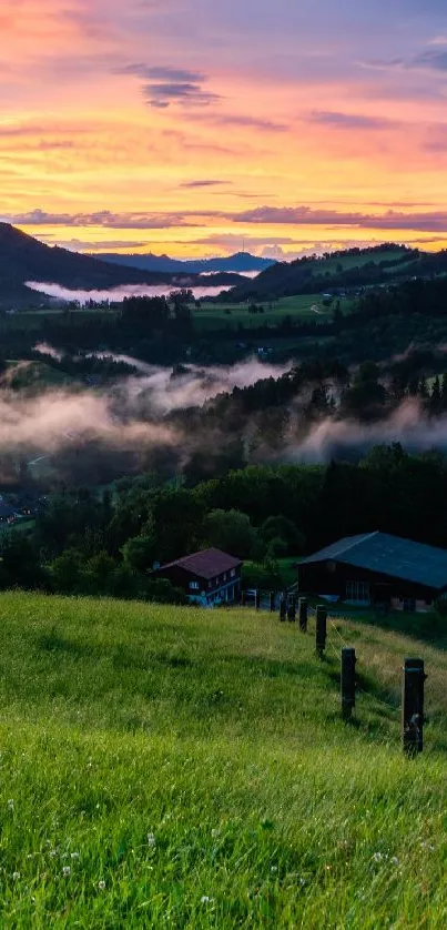 Serene sunrise over misty, lush green hills and countryside.