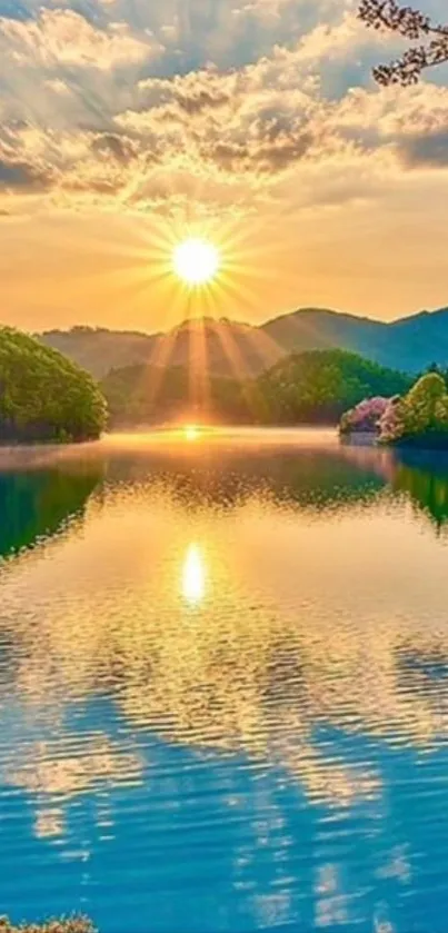 Sunrise over a peaceful lake with reflections and scenic nature view.