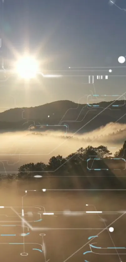 Scenic sunrise with digital tech overlays on a foggy mountain landscape.