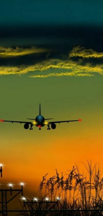 Airplane silhouette against a vibrant sunset sky with orange and blue hues.