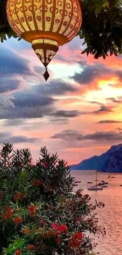 Sunset beach view with colorful sky and lantern.