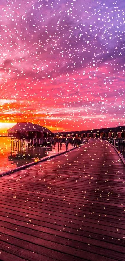 A breathtaking sunset over ocean boardwalk with vibrant pink and orange skies.