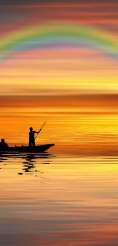 Serene sunset boat ride with rainbow over a calm river.