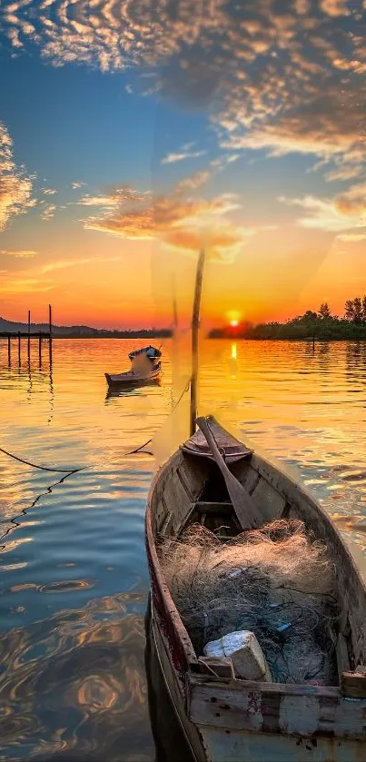 Boat on lake at sunset with vibrant orange sky and clouds reflecting in the water.