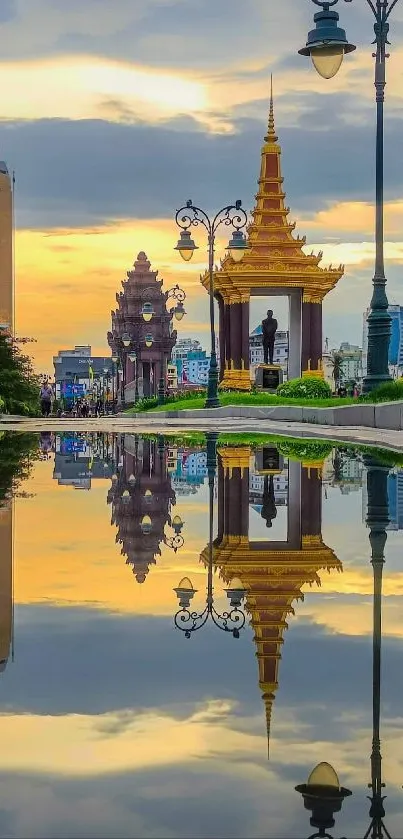 City skyline at sunset with reflection in water, vibrant and serene.