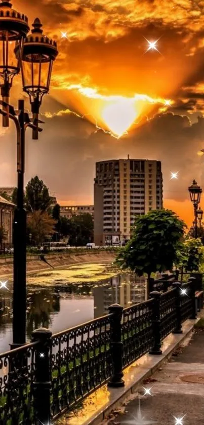 Orange sunset cityscape with reflections and street lamps.
